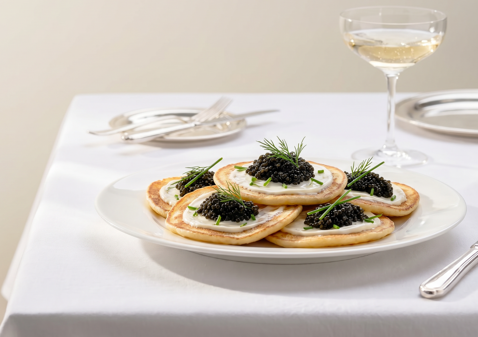 A plate of warm blinis topped with crème fraîche and a generous scoop of caviar indonesia, set on a white tablecloth next to a glass of champagne.