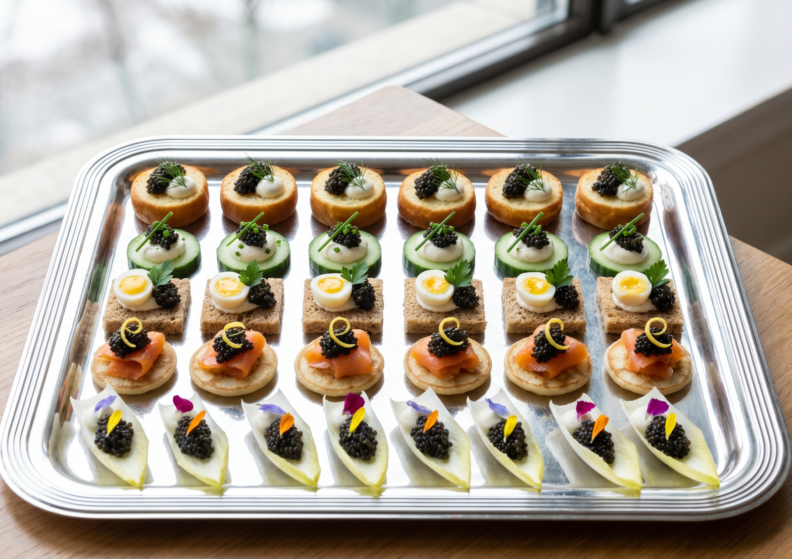 A silver tray lined with meticulously arranged canapés featuring blinis, salmon, cucumber, and endive, all delicately topped with caviar indonesia.