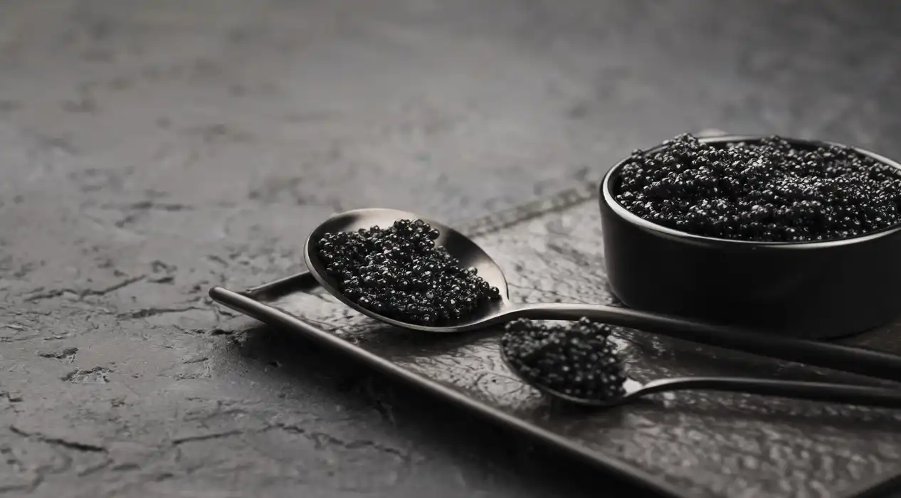 beluga caviar served in elegant black bowl with spoons, showcasing glossy pearls of luxury delicacy