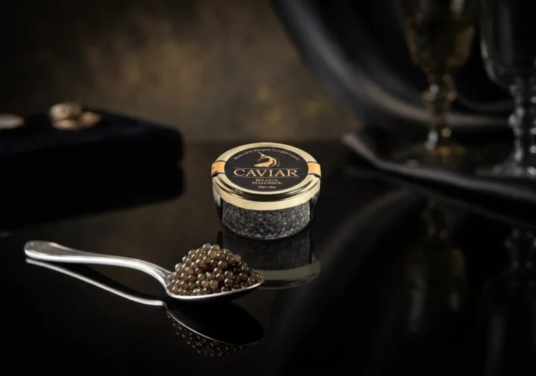beluga caviar tin with luxury black and gold label showcasing premium delicacy