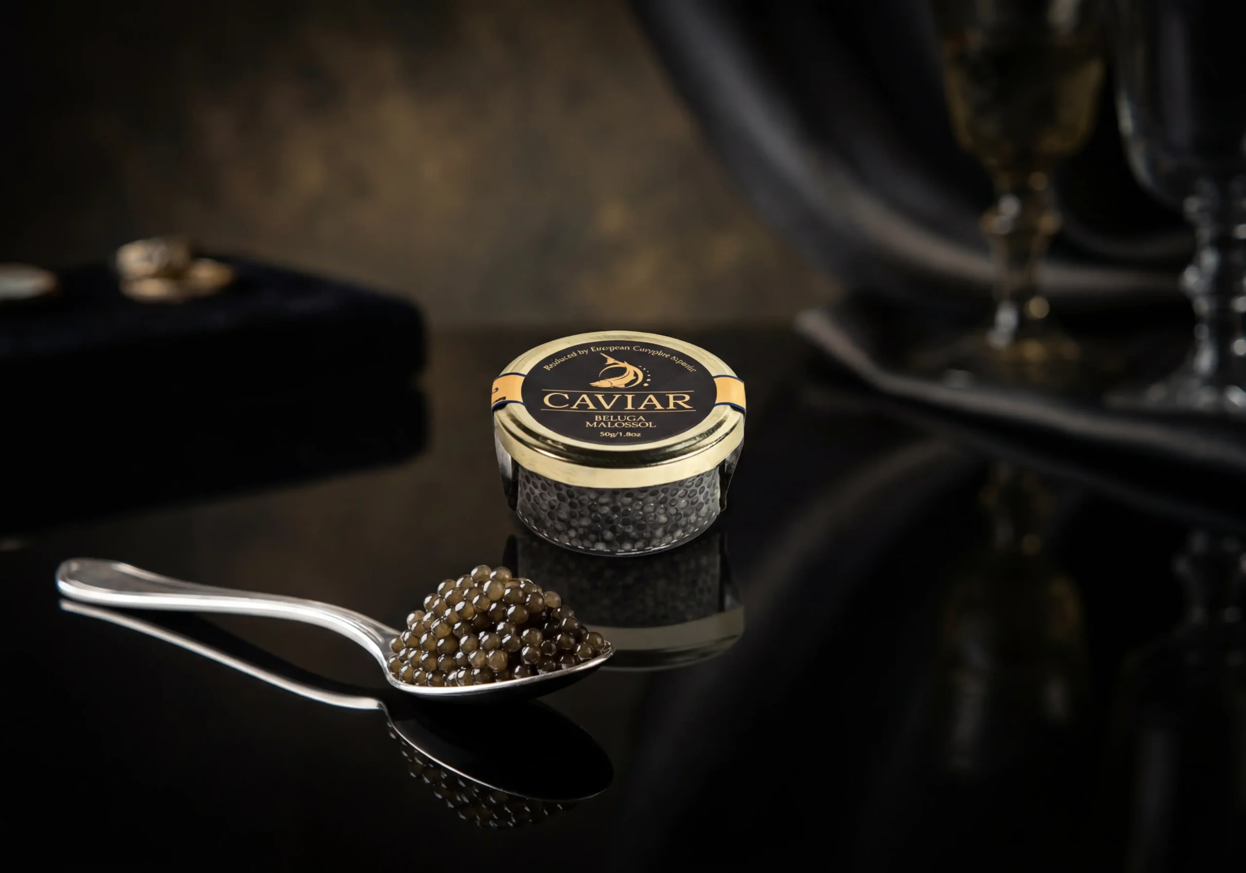 beluga caviar tin with luxury black and gold label showcasing premium delicacy