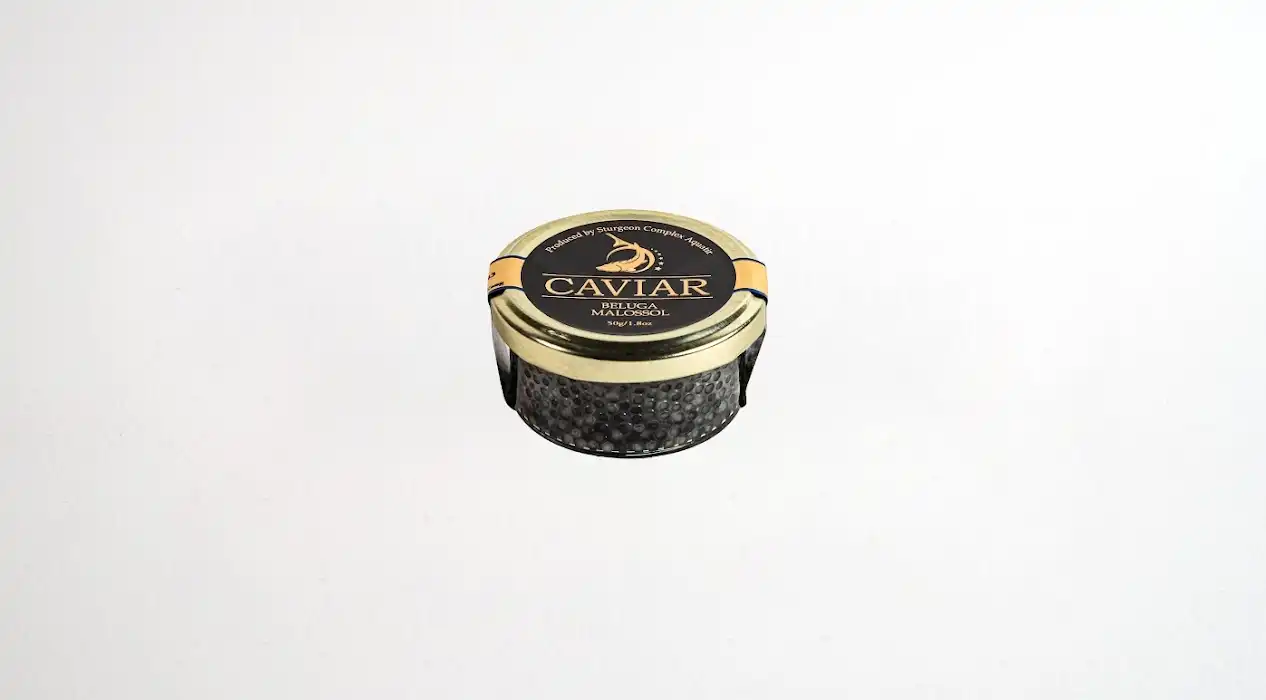 beluga caviar tin with luxury black and gold label showcasing premium delicacy