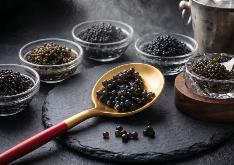 How is caviar made with assorted caviar bowls and golden spoon highlighting glossy black caviar on slate surface.