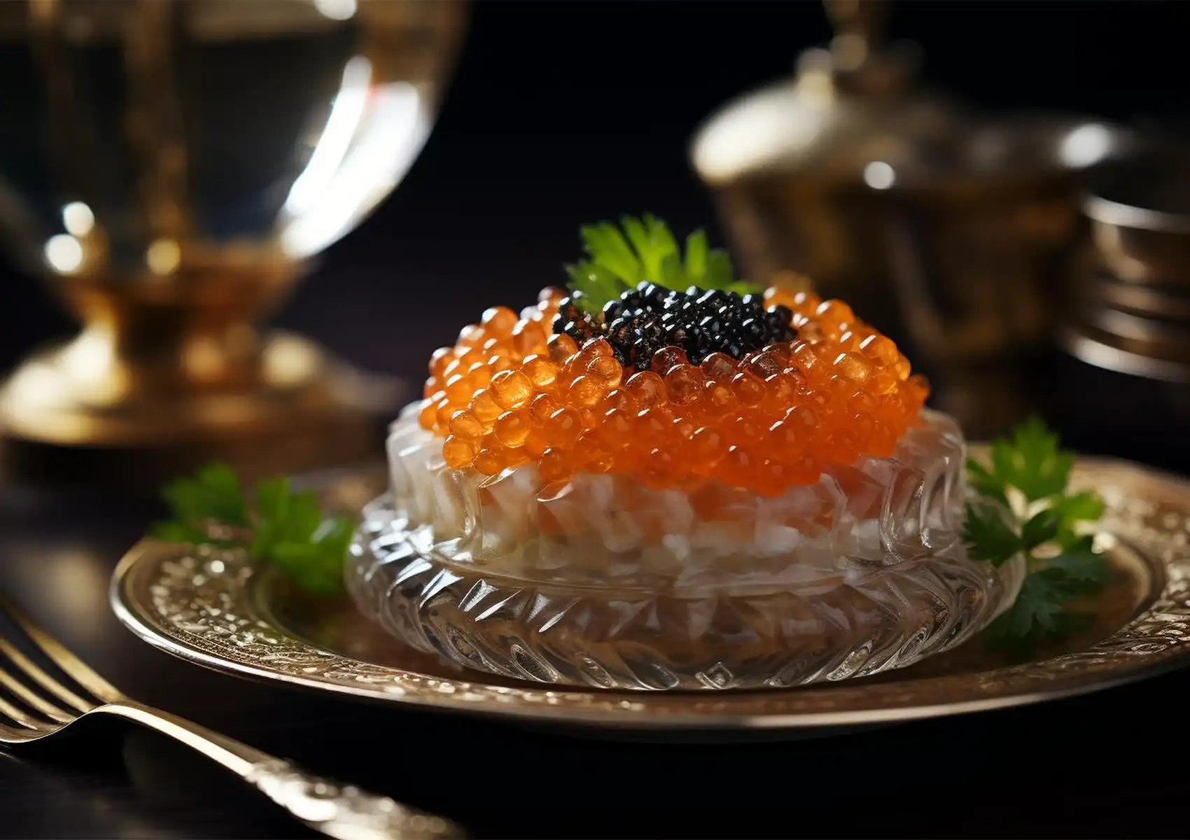 fish roe vs caviar comparison dish with orange and black pearls elegantly served in crystal bowl on golden plate.