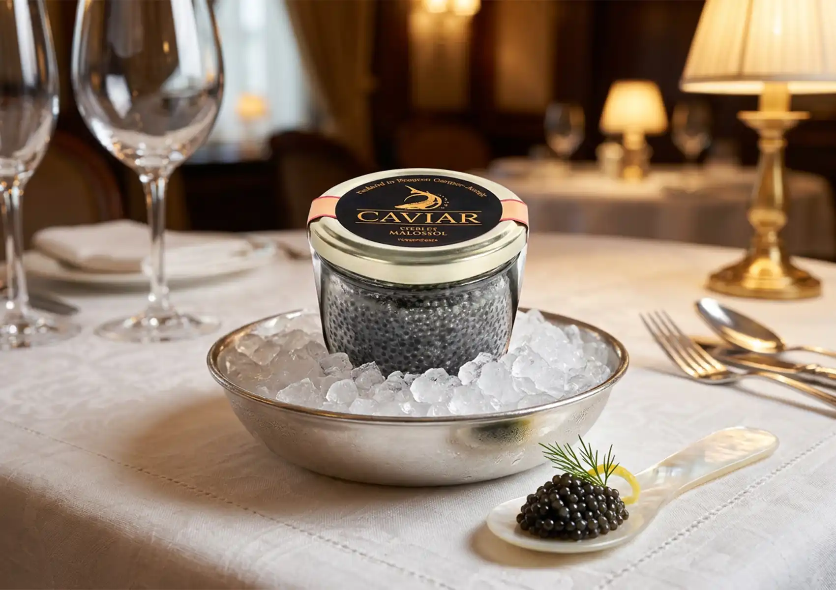 Aquatir Siberian caviar served on ice with a mother-of-pearl spoon in an elegant fine dining setting.