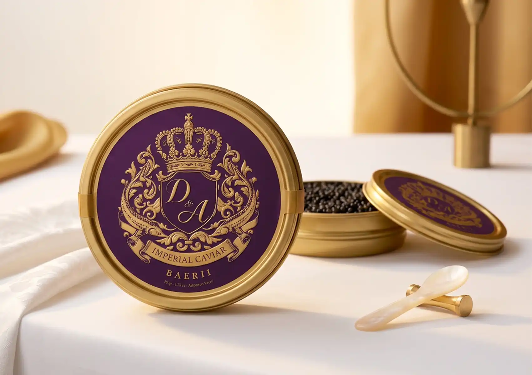Premium Baerii Russian caviar tin with mother of pearl spoon on elegant dining table