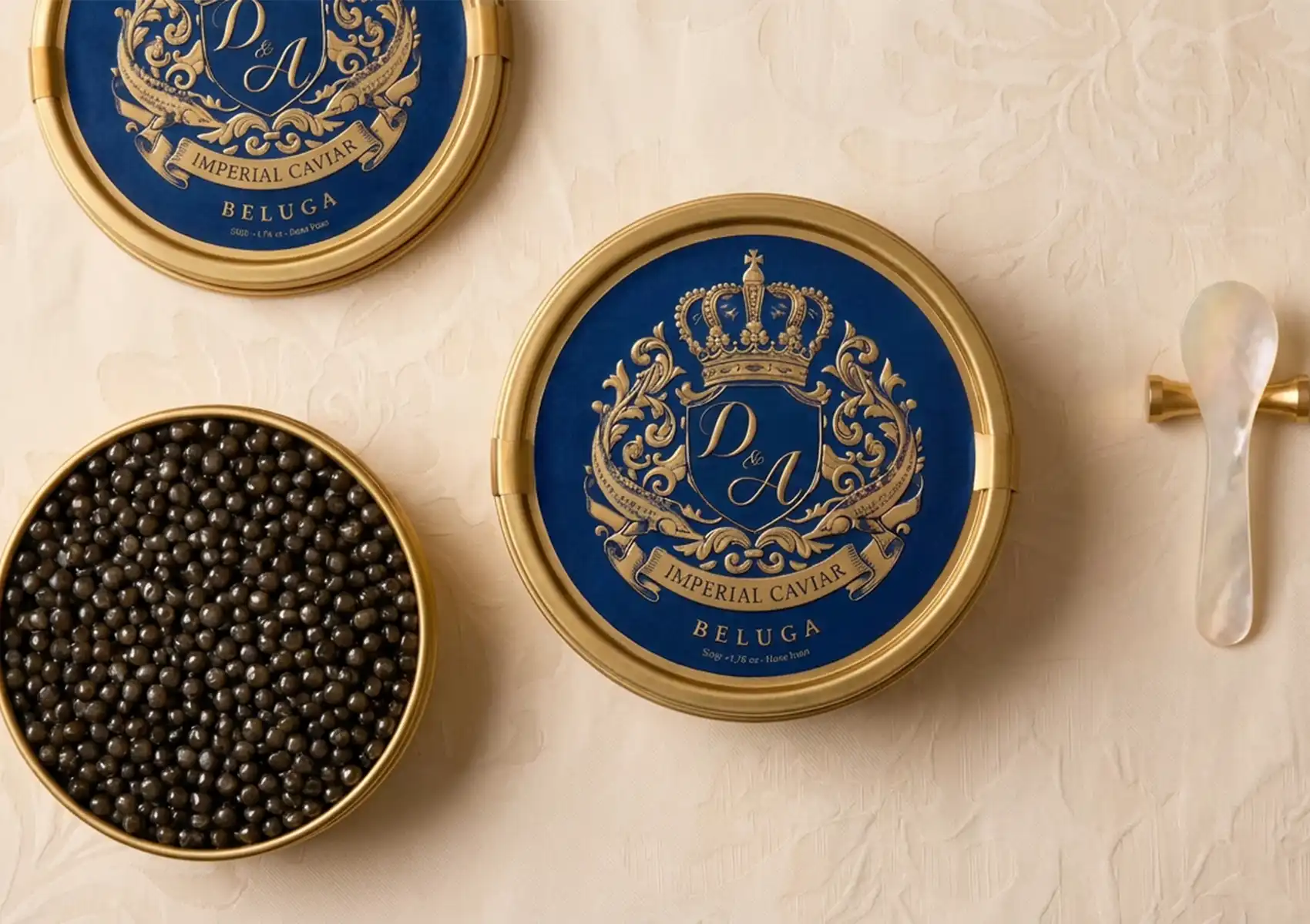 Premium Beluga caviar tins and open caviar pearls displayed with a mother-of-pearl spoon for a luxury caviar brand comparison.