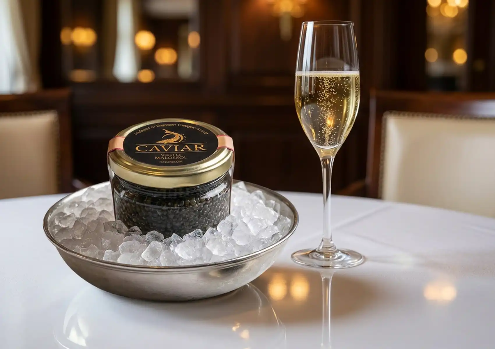 Premium caviar served on ice with champagne pairing and traditional caviar accompaniments.
