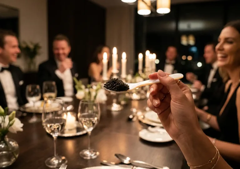 Premium Russian caviar served on ice with a mother-of-pearl spoon at a luxury dinner table in Indonesia.
