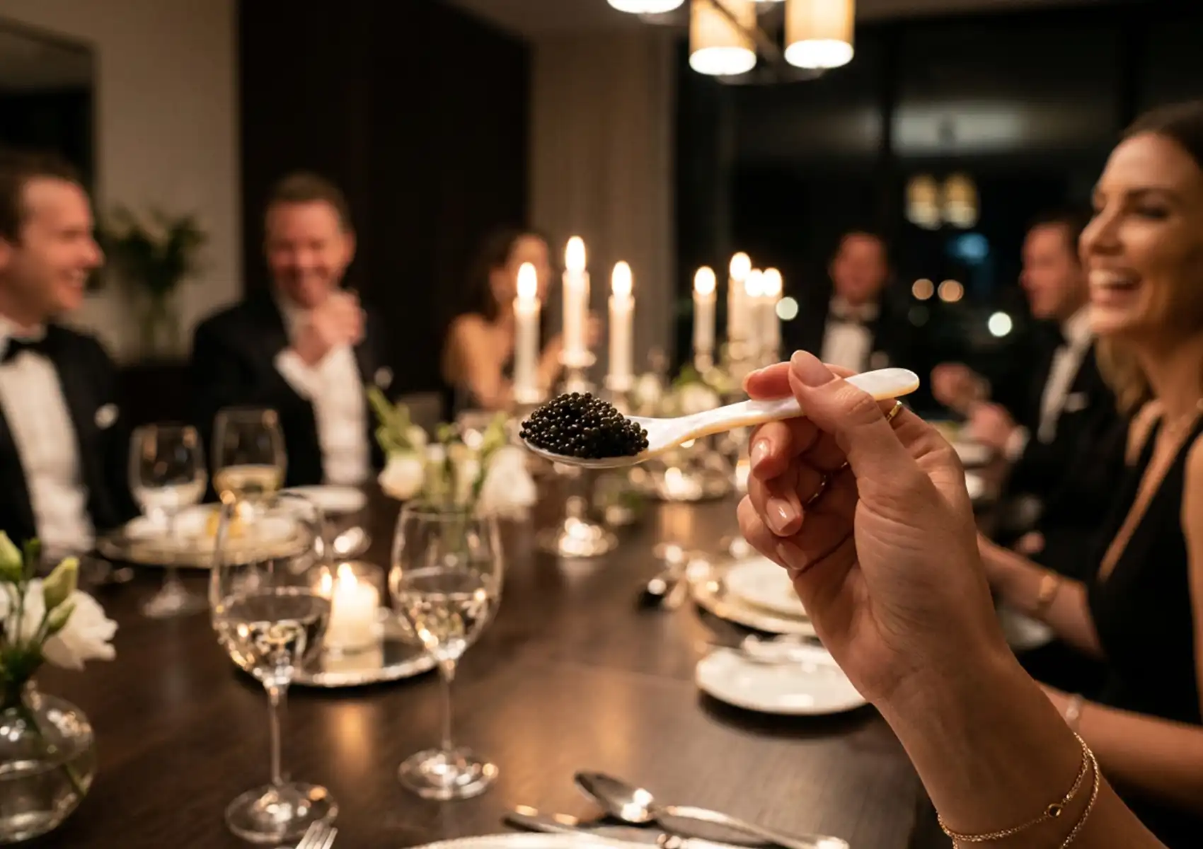 Premium Russian caviar served on ice with a mother-of-pearl spoon at a luxury dinner table in Indonesia.