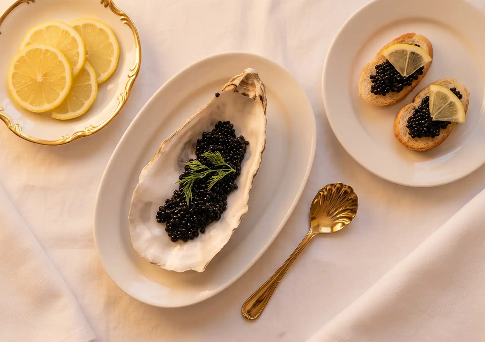Premium Russian caviar served in oyster shell with lemon slices and toasted bread on elegant table setting