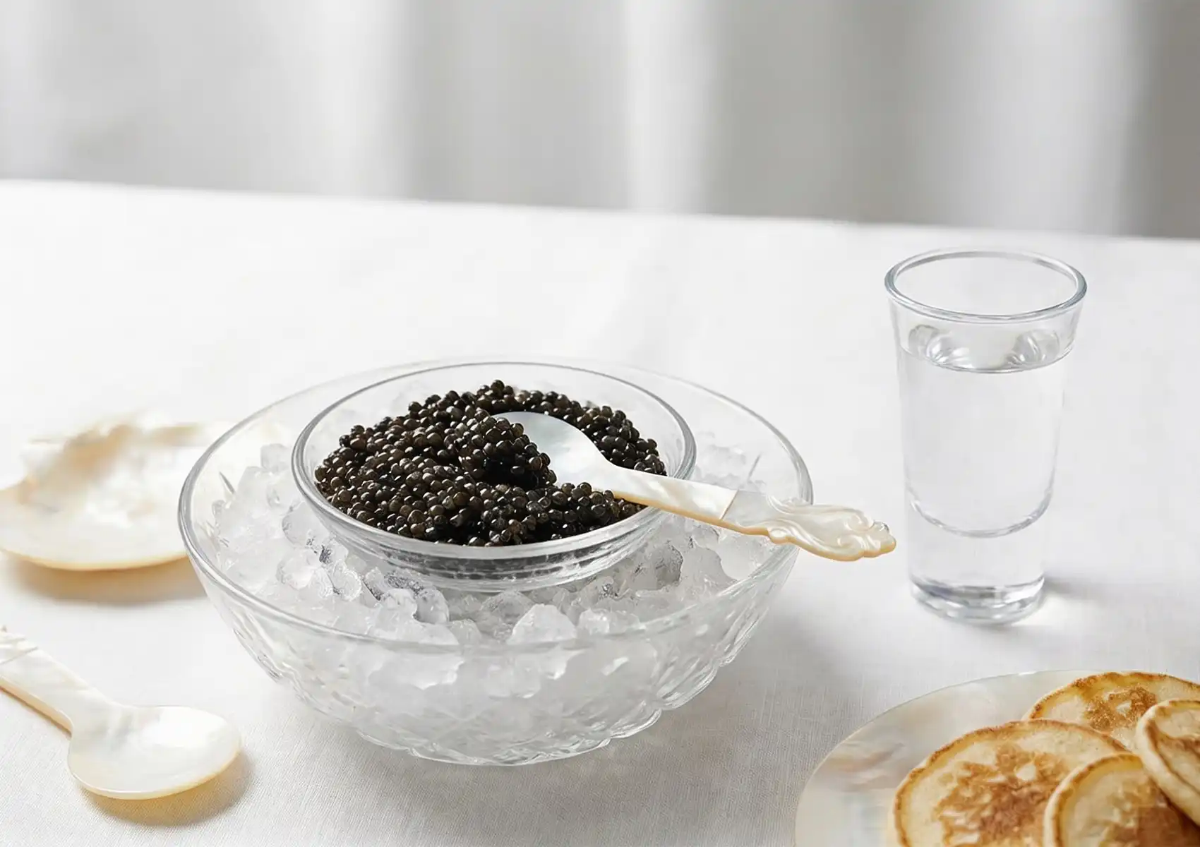 Premium caviar served on ice with vodka and blinis for a traditional luxury tasting experience.