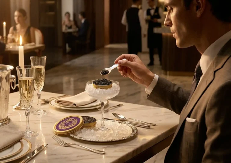 Fine dining guest enjoying premium Russian caviar served on ice with champagne pairing