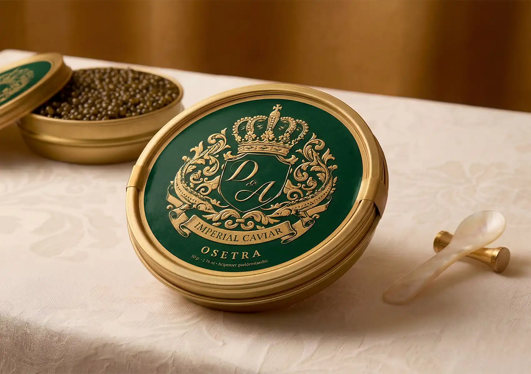 Premium Oscietra caviar tin with open caviar pearls and a mother-of-pearl spoon on an elegant dining table.