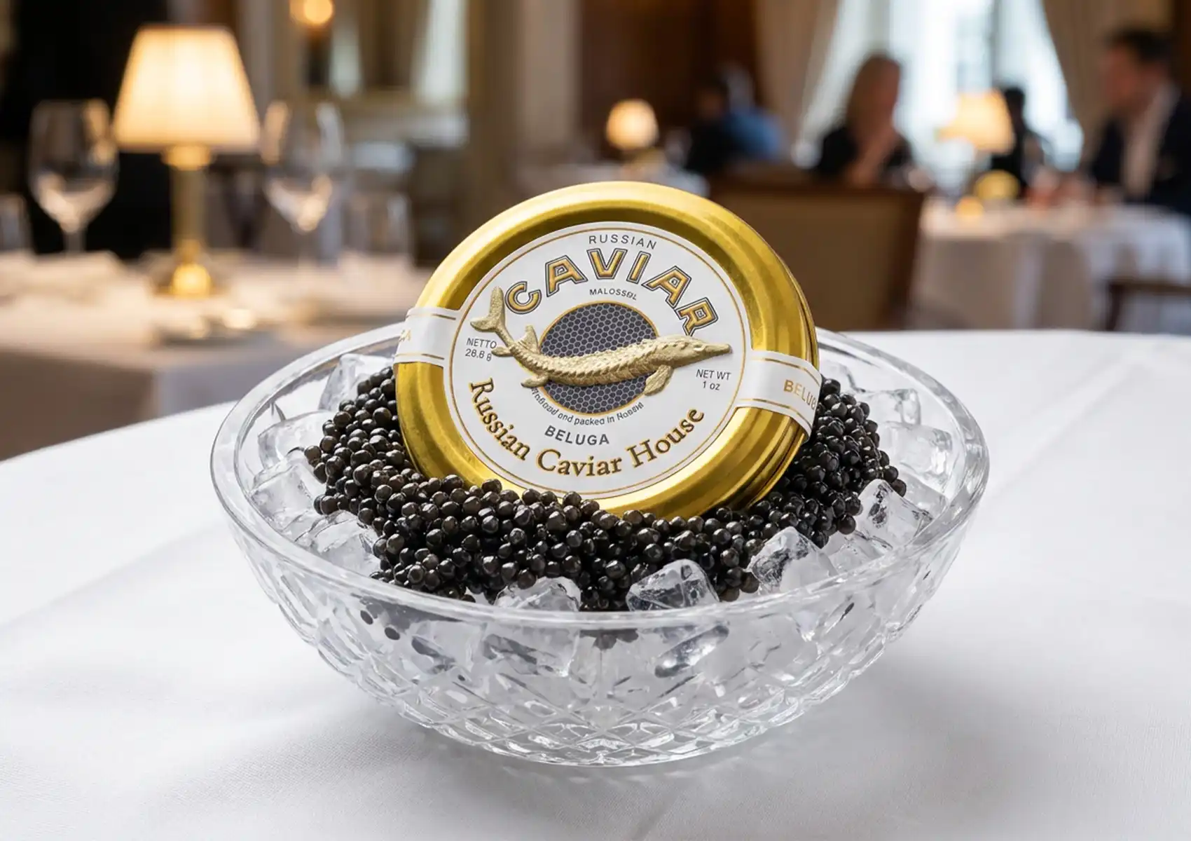 Russian Beluga caviar presented on ice in a crystal bowl at an elegant fine dining restaurant.