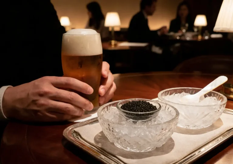Siberian Sturgeon caviar served on ice with beer pairing at a luxury dining table.
