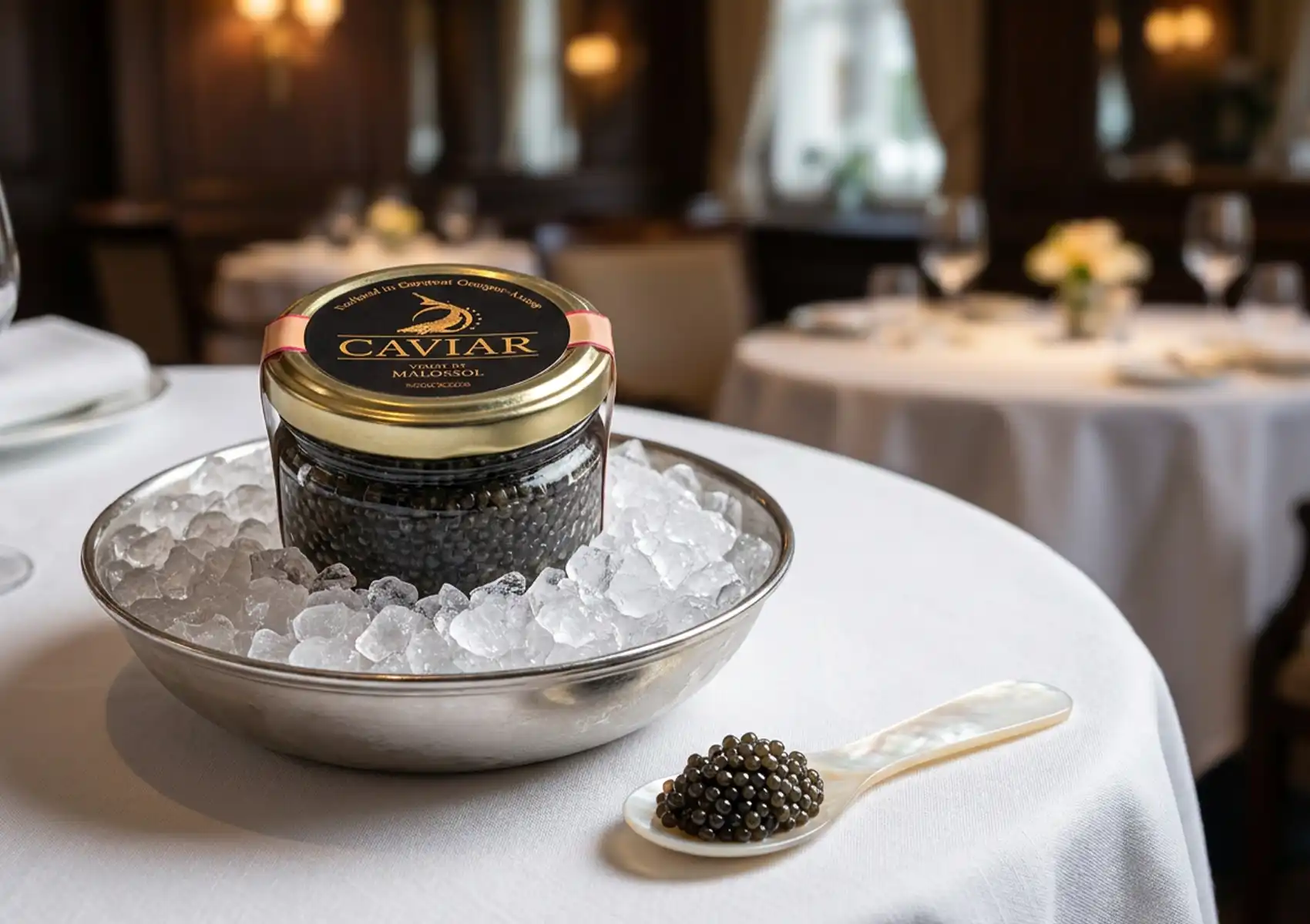 Siberian sturgeon caviar presented on ice with a mother-of-pearl spoon, representing an accessible premium caviar selection for luxury dinner parties.
