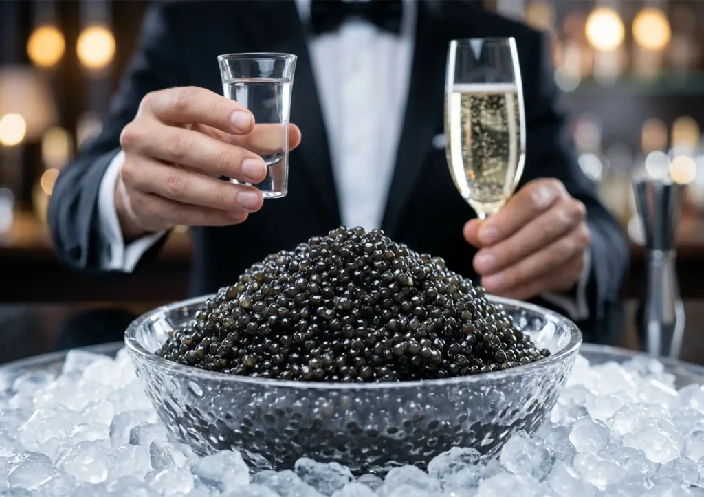 A man holding a shot of vodka and glass of champagne in front of a large bowl of caviar