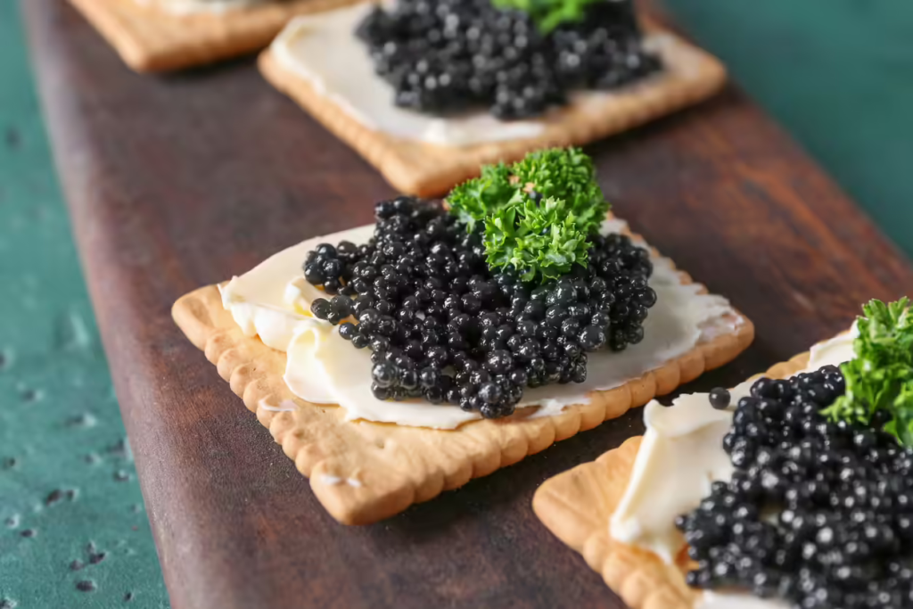 Black caviar served on a cracker with crème fraîche and parsley garnish
