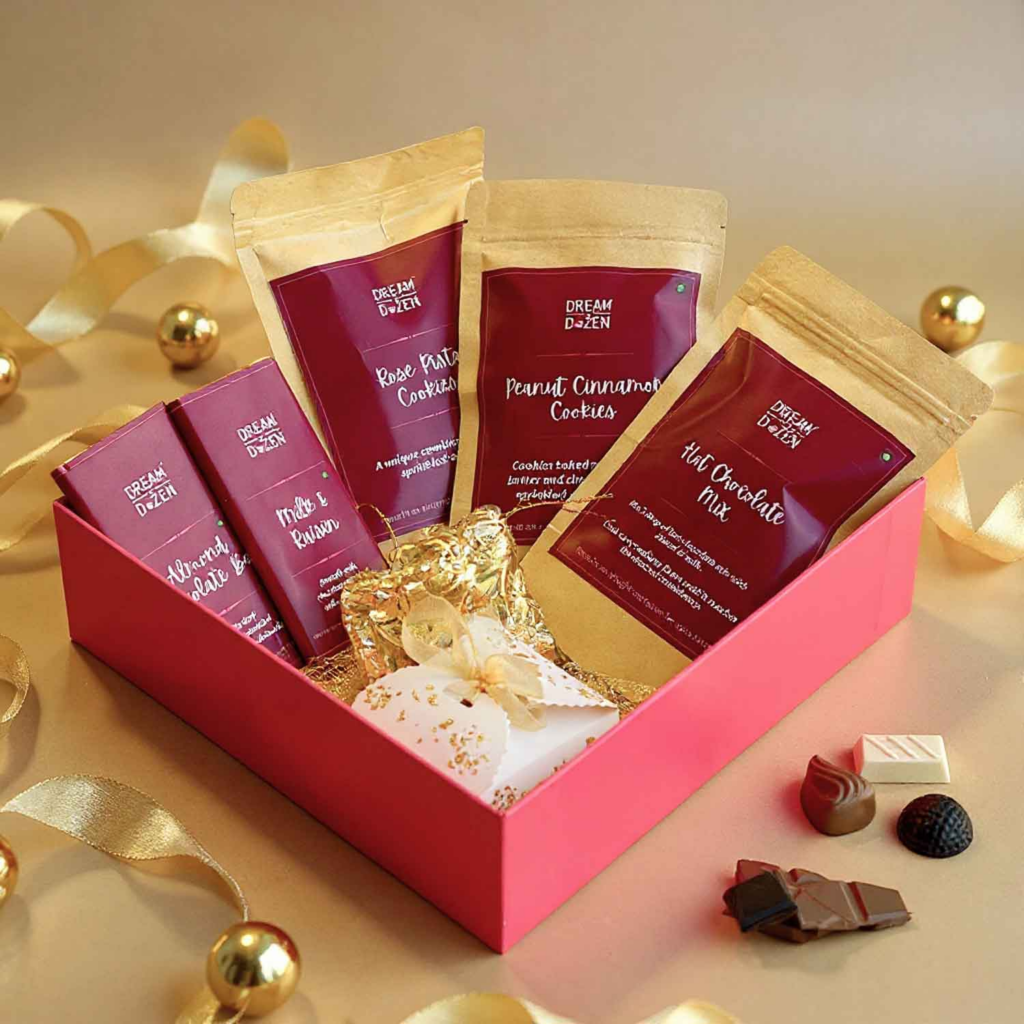 A gift box hamper with various treats inside