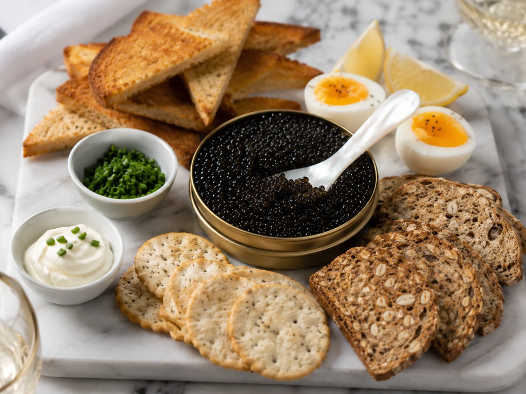 A tin of caiar with crackers, bread, spreads, eggs and garnishes