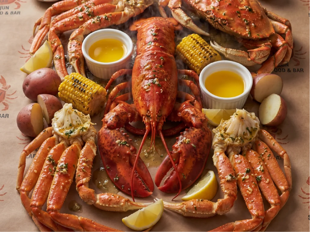 Cooked gourmet seafood and sides of Lobster, crab, corn, potatoes and side sauces