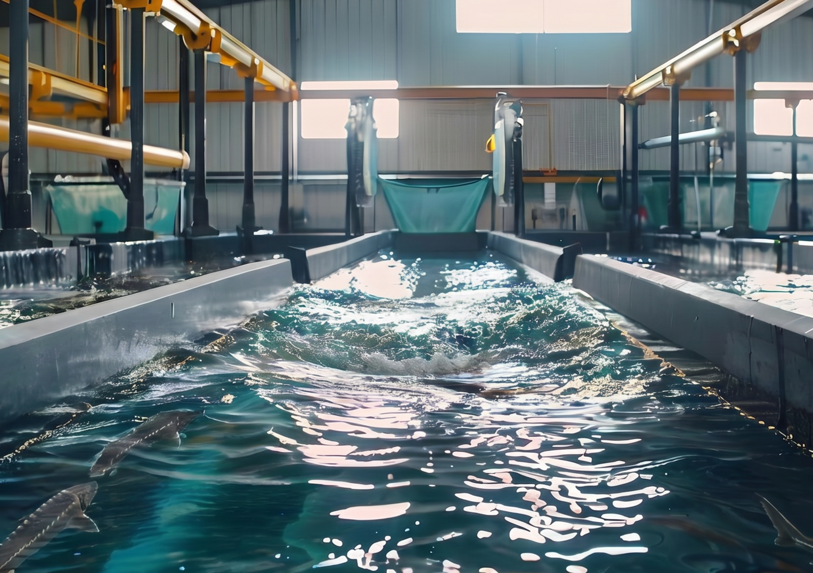 An advanced indoor aquaculture farm featuring long, flowing water tanks where sturgeon swim, demonstrating the modern and sustainable production methods for high-quality caviar indonesia.