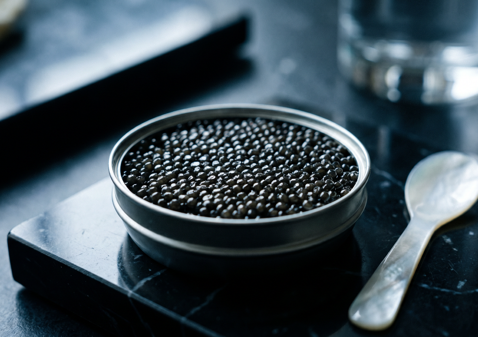 A close-up of a sleek tin filled with glossy dark pearls resting on a dark marble surface next to a traditional mother-of-pearl spoon, highlighting the elegance of caviar indonesia.