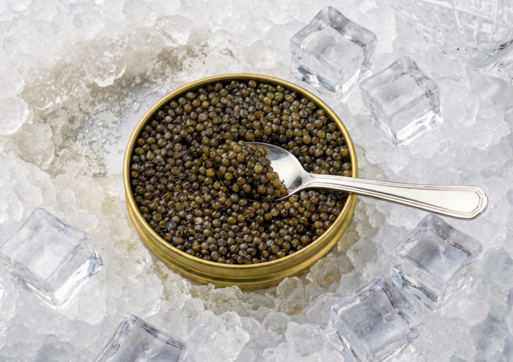 A close-up of a silver spoon scooping dark, glossy sterlet pearls from a golden tin resting on a bed of fresh ice, showcasing the premium quality of caviar indonesia.