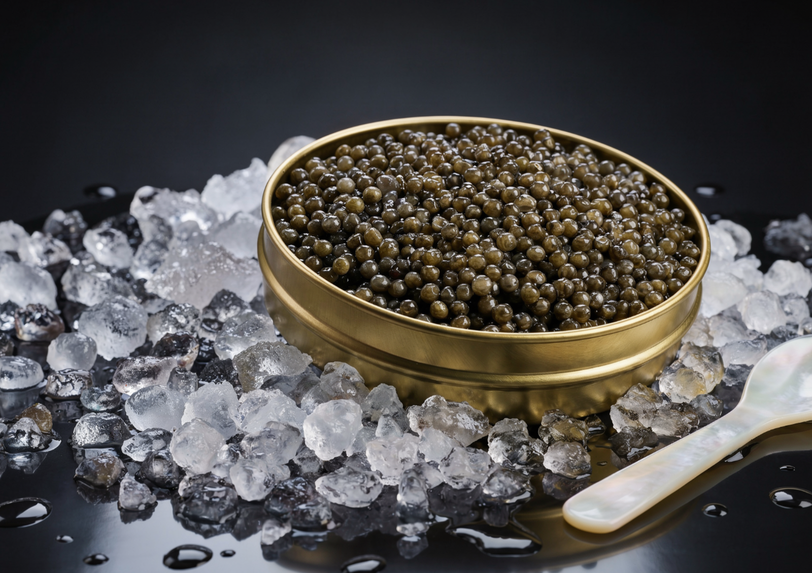 A close-up of a golden tin filled with glossy, dark Caviar indonesia pearls, resting on a bed of crushed ice with a mother-of-pearl spoon nearby.