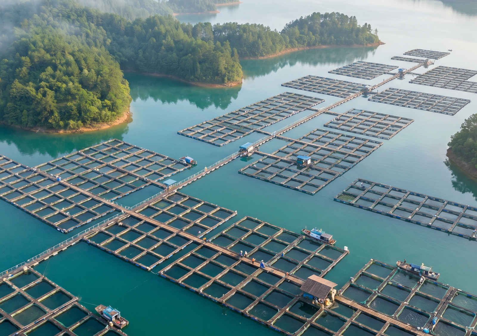 An aerial view of an extensive aquaculture farm featuring a grid of floating pens in a beautiful turquoise lake surrounded by forested hills, showcasing the sustainable production methods for caviar indonesia.