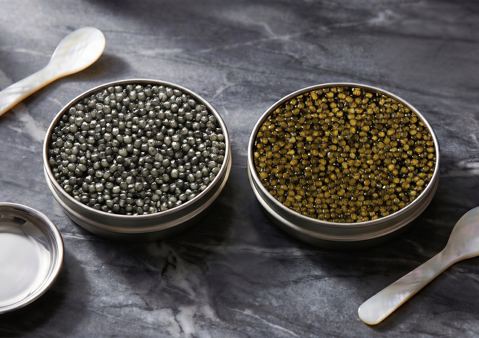 Two round tins of premium caviar indonesia presented side-by-side on a dark marble surface, contrasting the dark grey pearls on the left with the golden-green pearls on the right, accompanied by mother-of-pearl spoons.