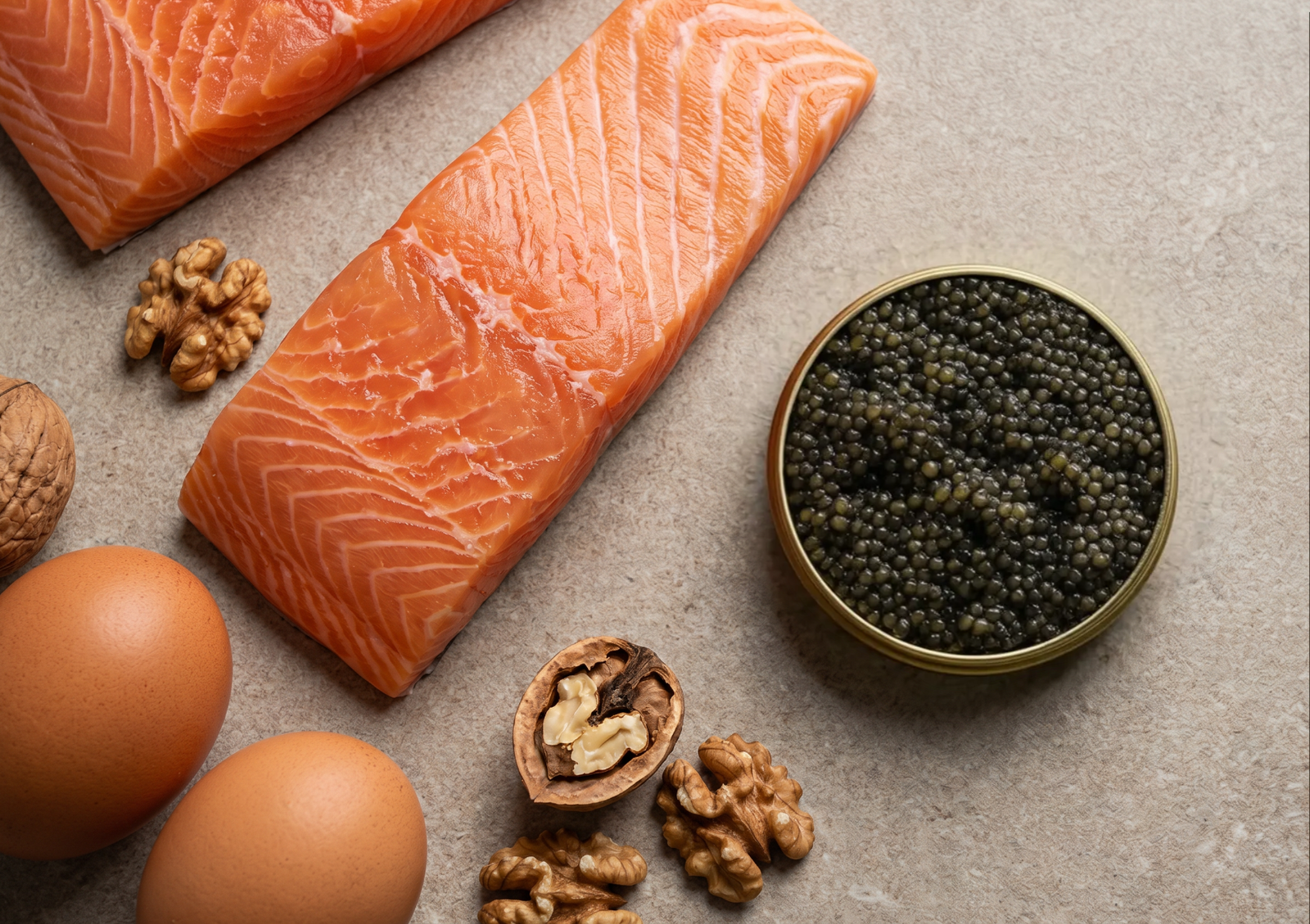 A flat lay of nutrient-dense foods including fresh raw salmon fillets, brown eggs, and walnuts surrounding a golden tin filled with premium caviar indonesia.