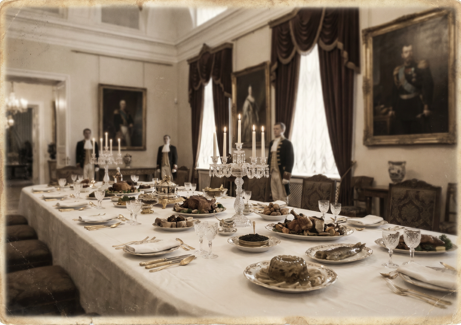 A vintage-style photograph of a lavishly set Russian imperial banquet table featuring roasted meats, grand candelabras, and fine delicacies, inspiring the luxurious experience of serving caviar indonesia.