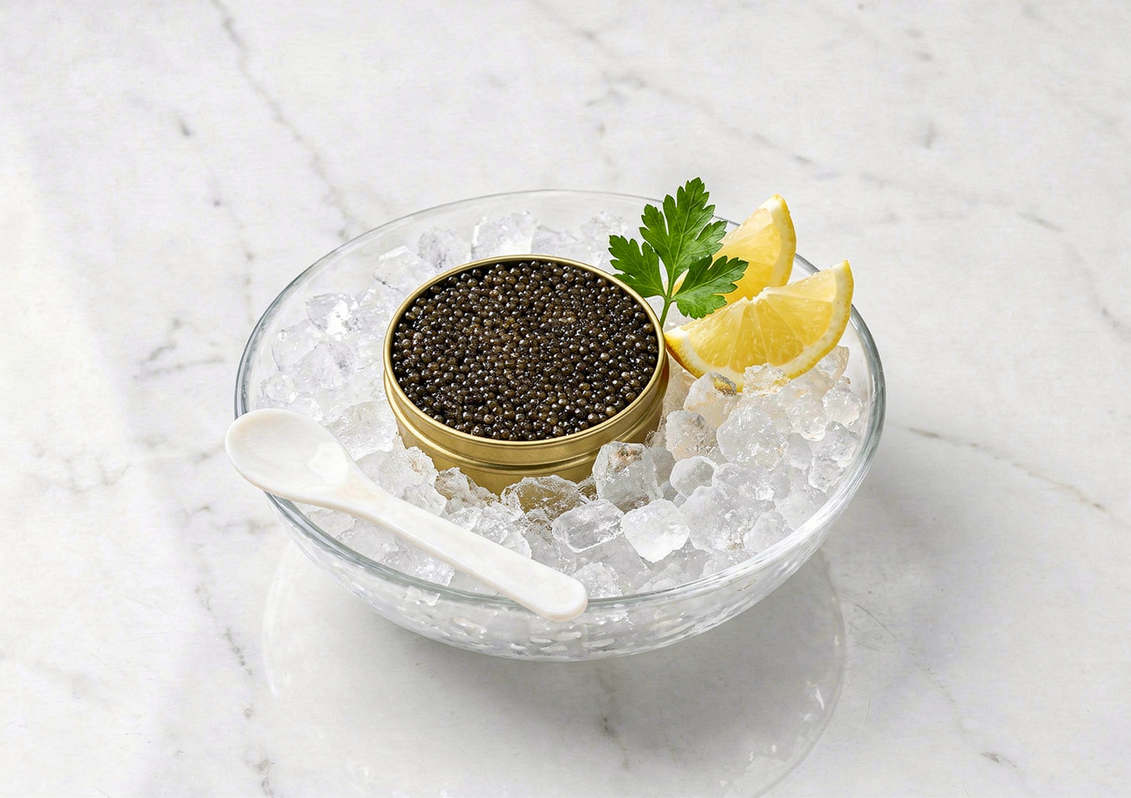 A golden tin of dark pearls resting on crushed ice inside a glass bowl, garnished with fresh lemon wedges and parsley alongside a white spoon, perfect for serving caviar indonesia.